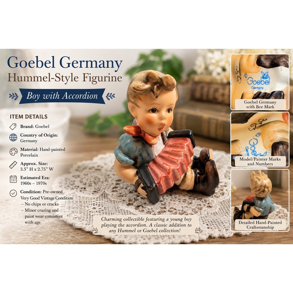 Goebel Hummel Soloist Accordion Boy Figurine 110/0 TMK6 Germany Porcelain 3 inch